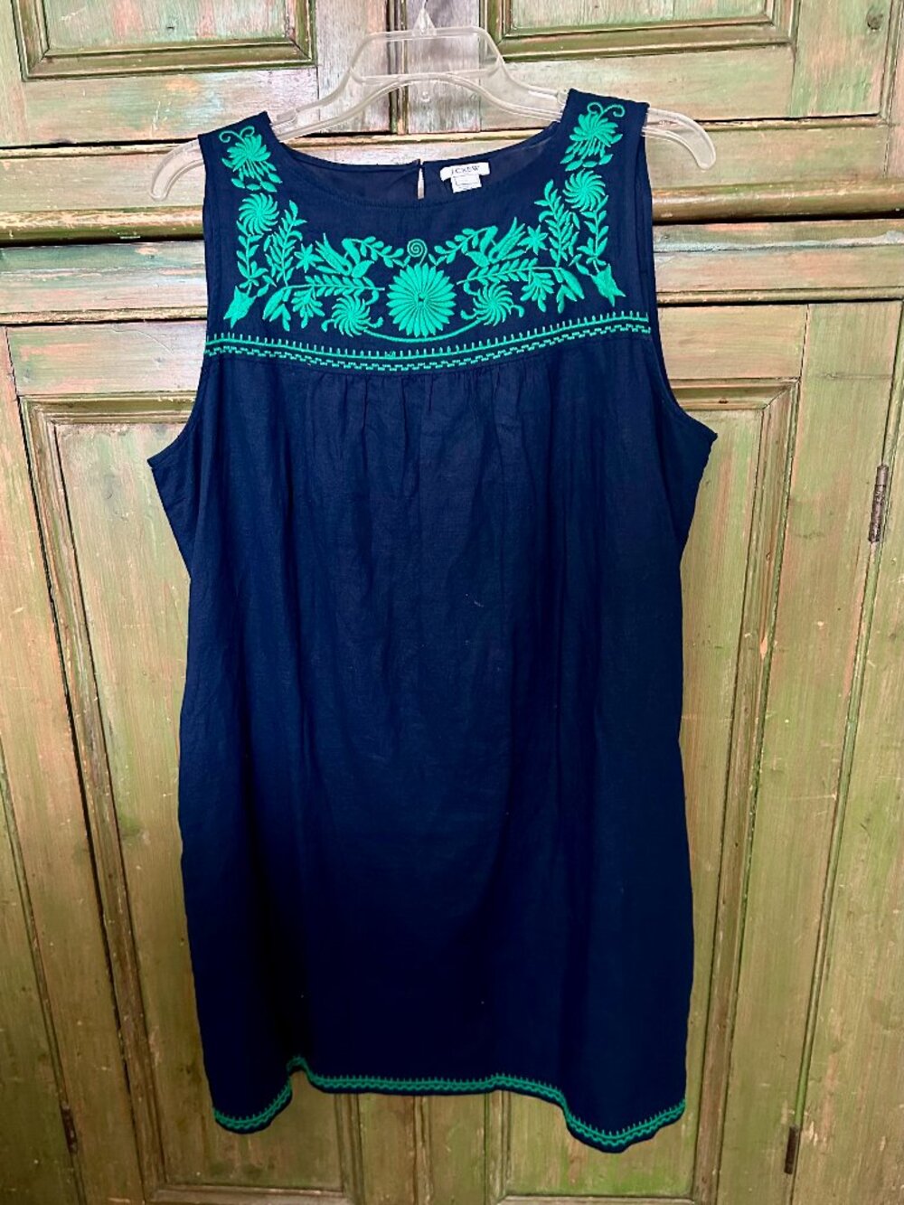 J Crew Fiesta Dress Navy Blue & Green embroidered Flowers